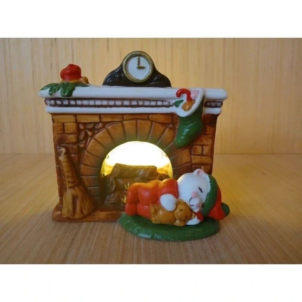 Sleeping Bear Mini Fireplace Christmas Candle Holder Ceramic Vintage Cute